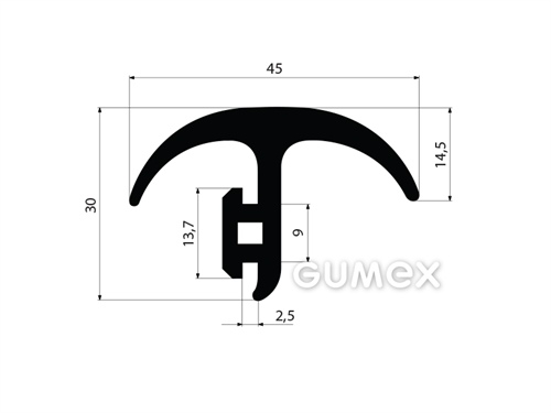 Pryžový profil tvaru "T" s dutinkou, 30x45/9mm, délka 3150mm, 70°ShA, EPDM, -40°C/+100°C, černý